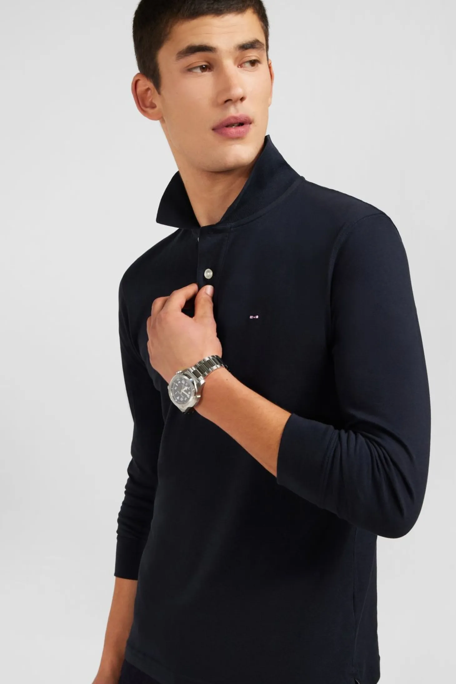 Polo Manches Longues Noir Uni En Pique De Coton Stretch
