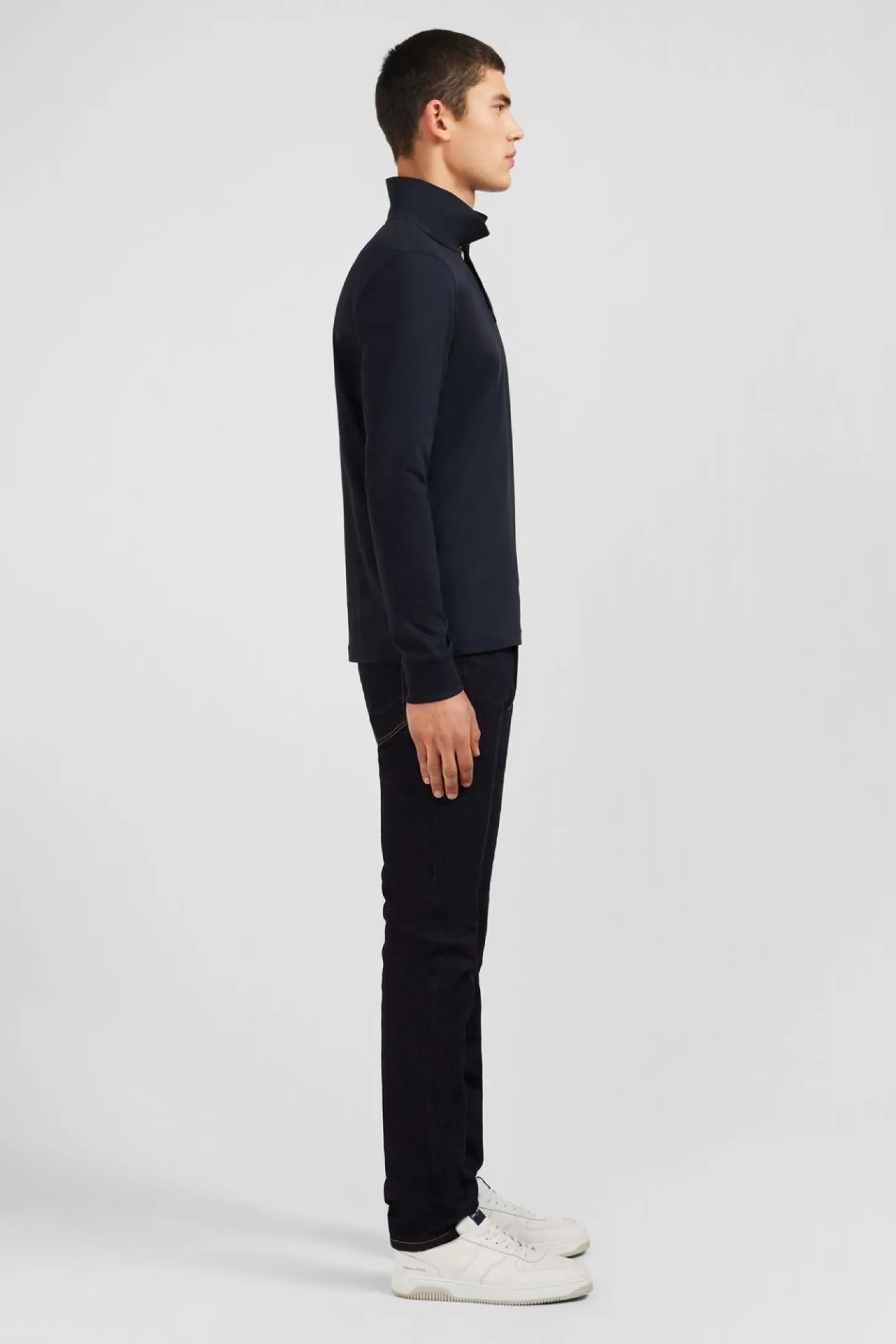 Polo Manches Longues Noir Uni En Pique De Coton Stretch