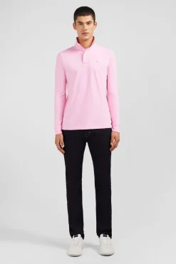 Polo Manches Longues Rose Uni En Pique De Coton Stretch