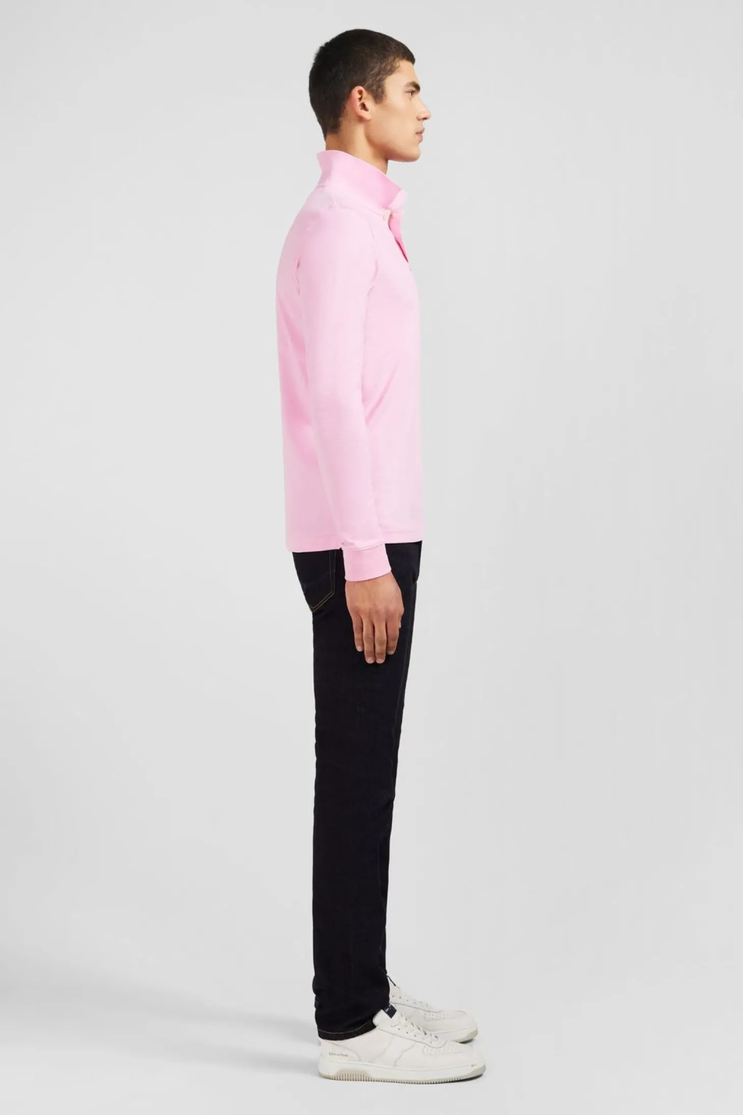 Polo Manches Longues Rose Uni En Pique De Coton Stretch