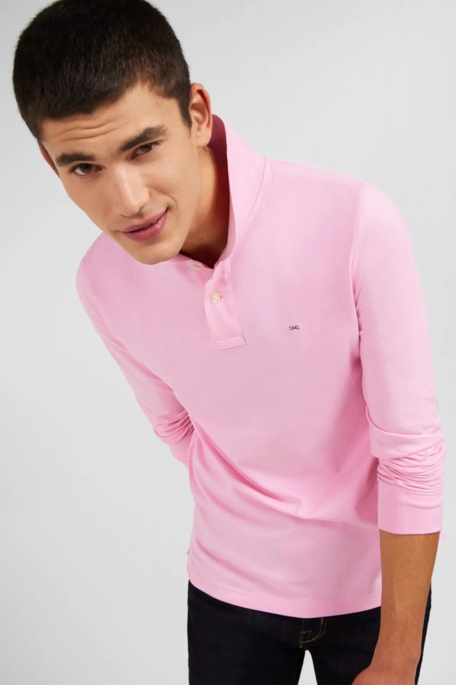 Polo Manches Longues Rose Uni En Pique De Coton Stretch