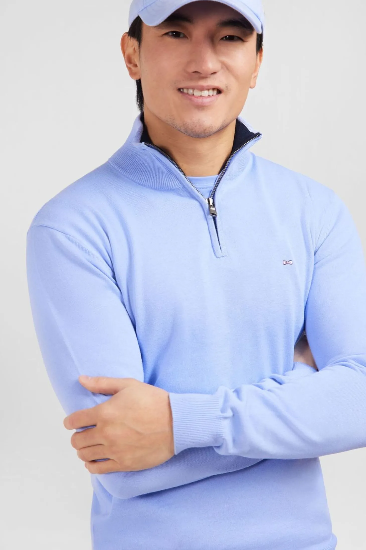 Pull Bleu A Col Camionneur En Coton