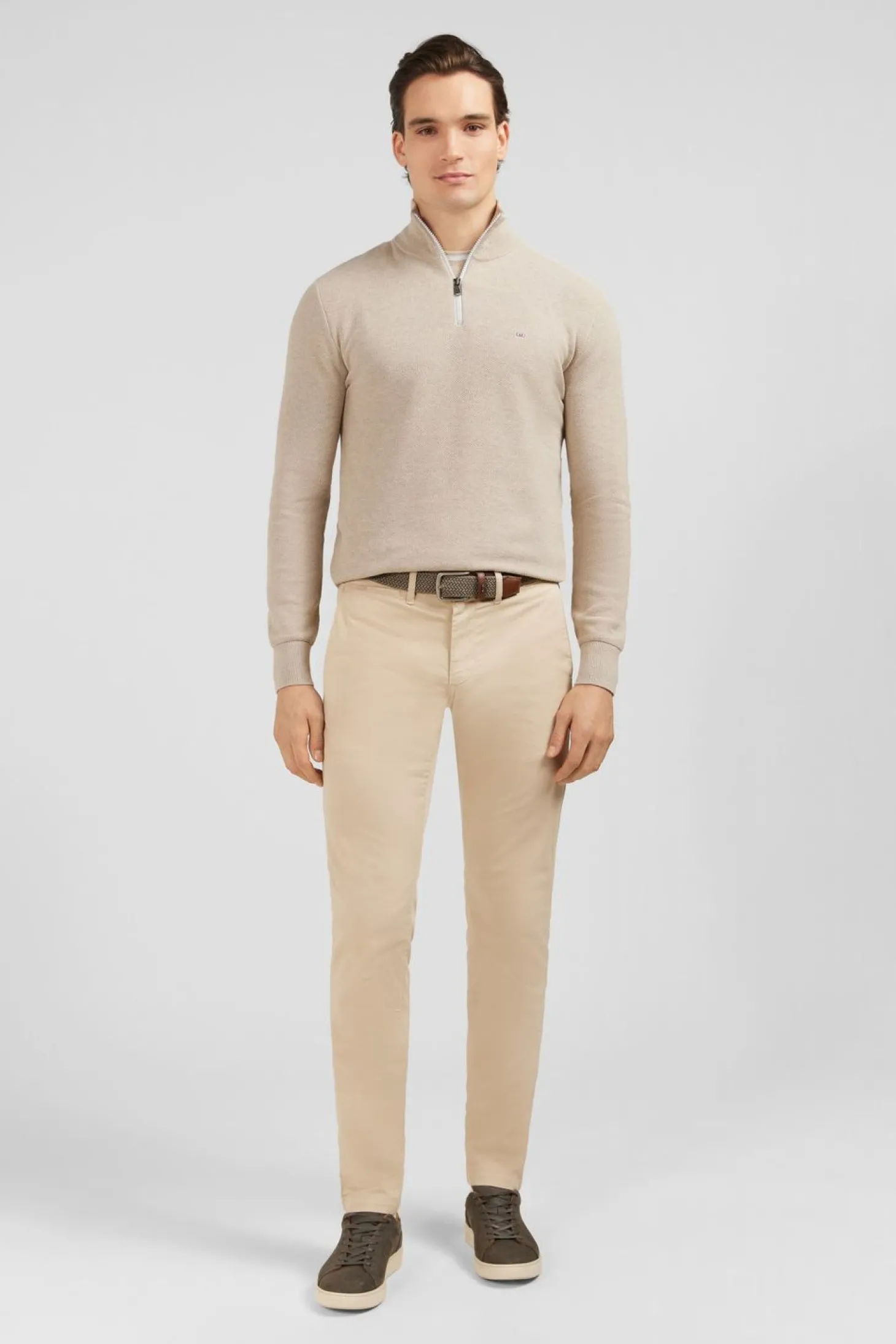 Pull Col Camionneur Zippe En Coton Beige