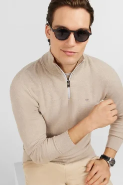 Pull Col Camionneur Zippe En Coton Beige