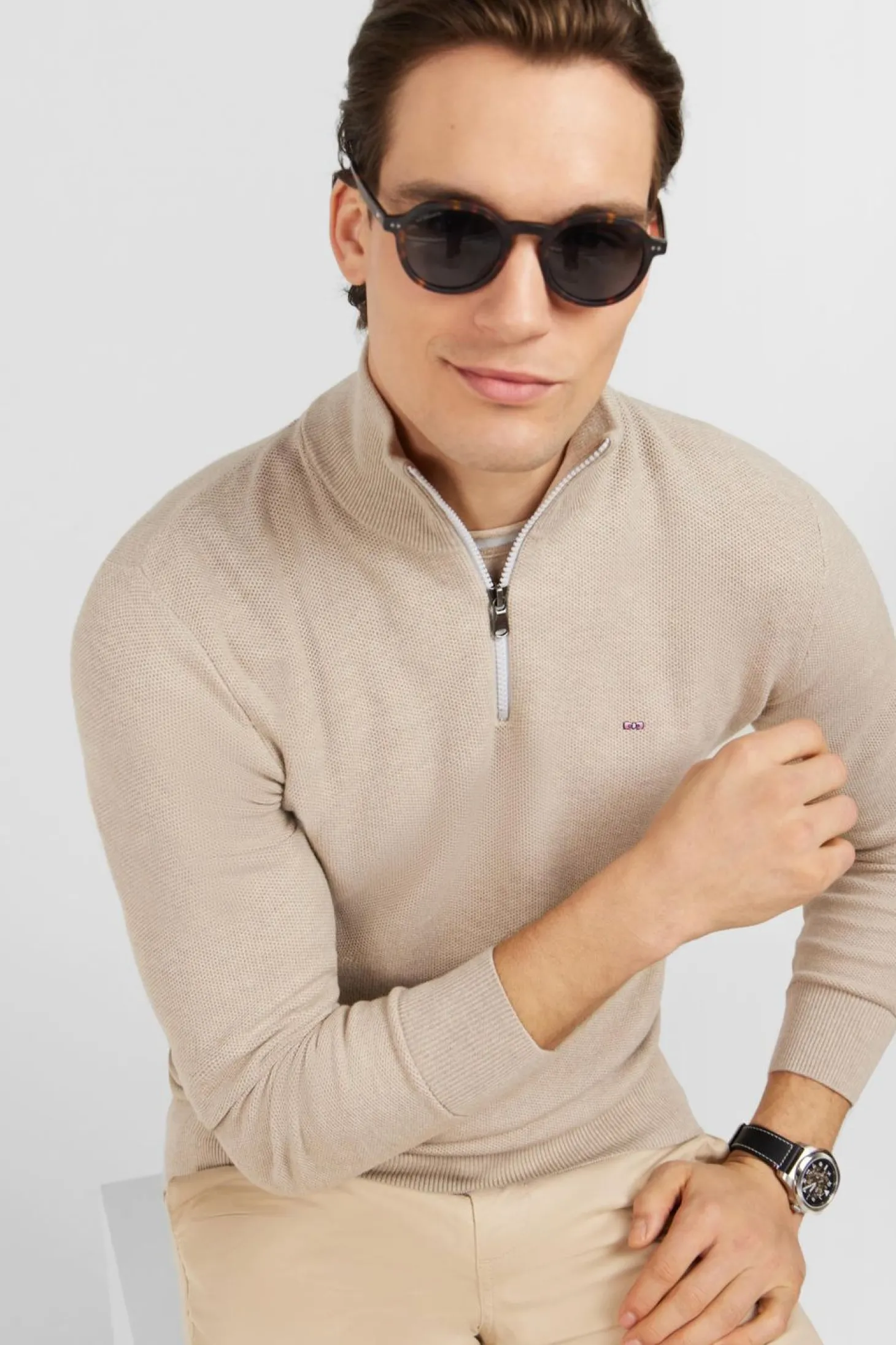 Pull Col Camionneur Zippe En Coton Beige