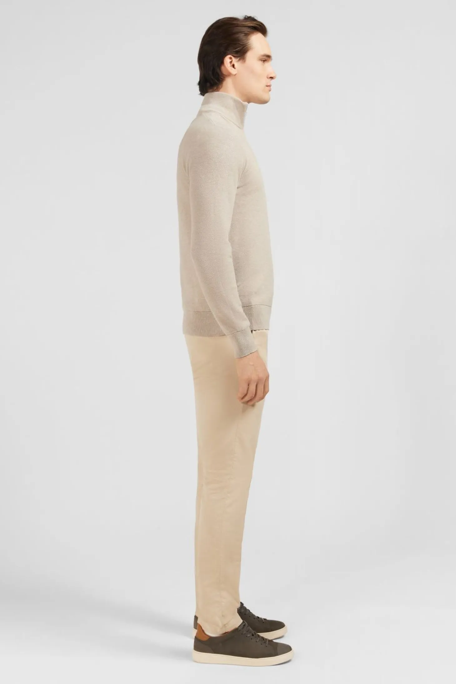 Pull Col Camionneur Zippe En Coton Beige