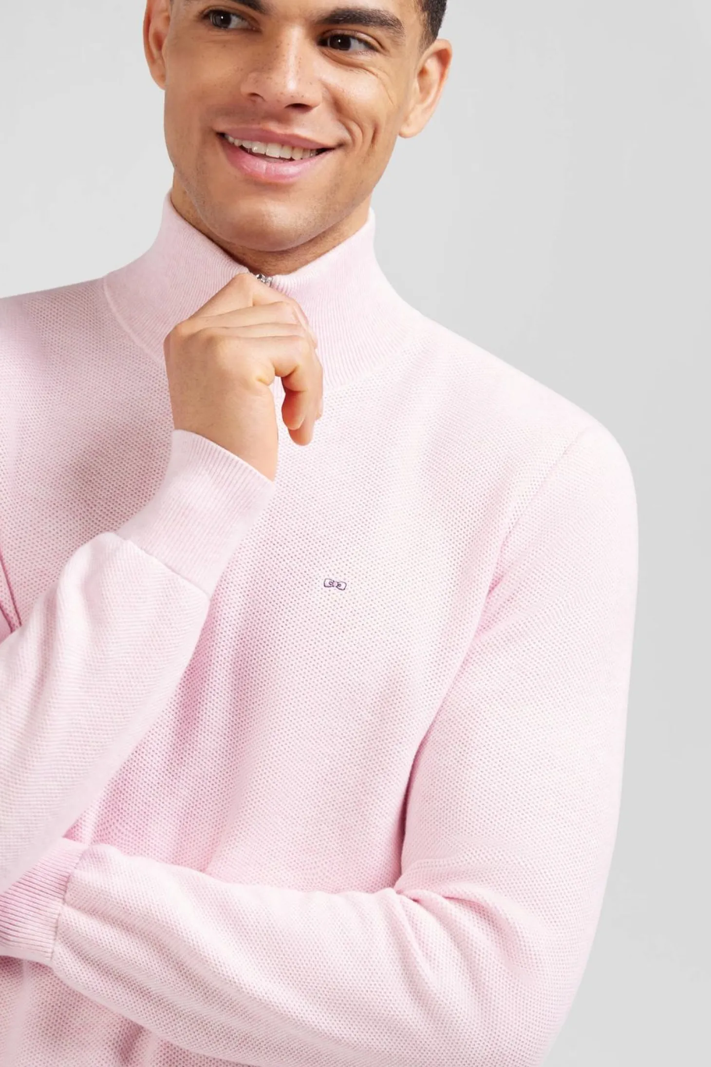 Pull Col Camionneur Zippe En Coton Rose