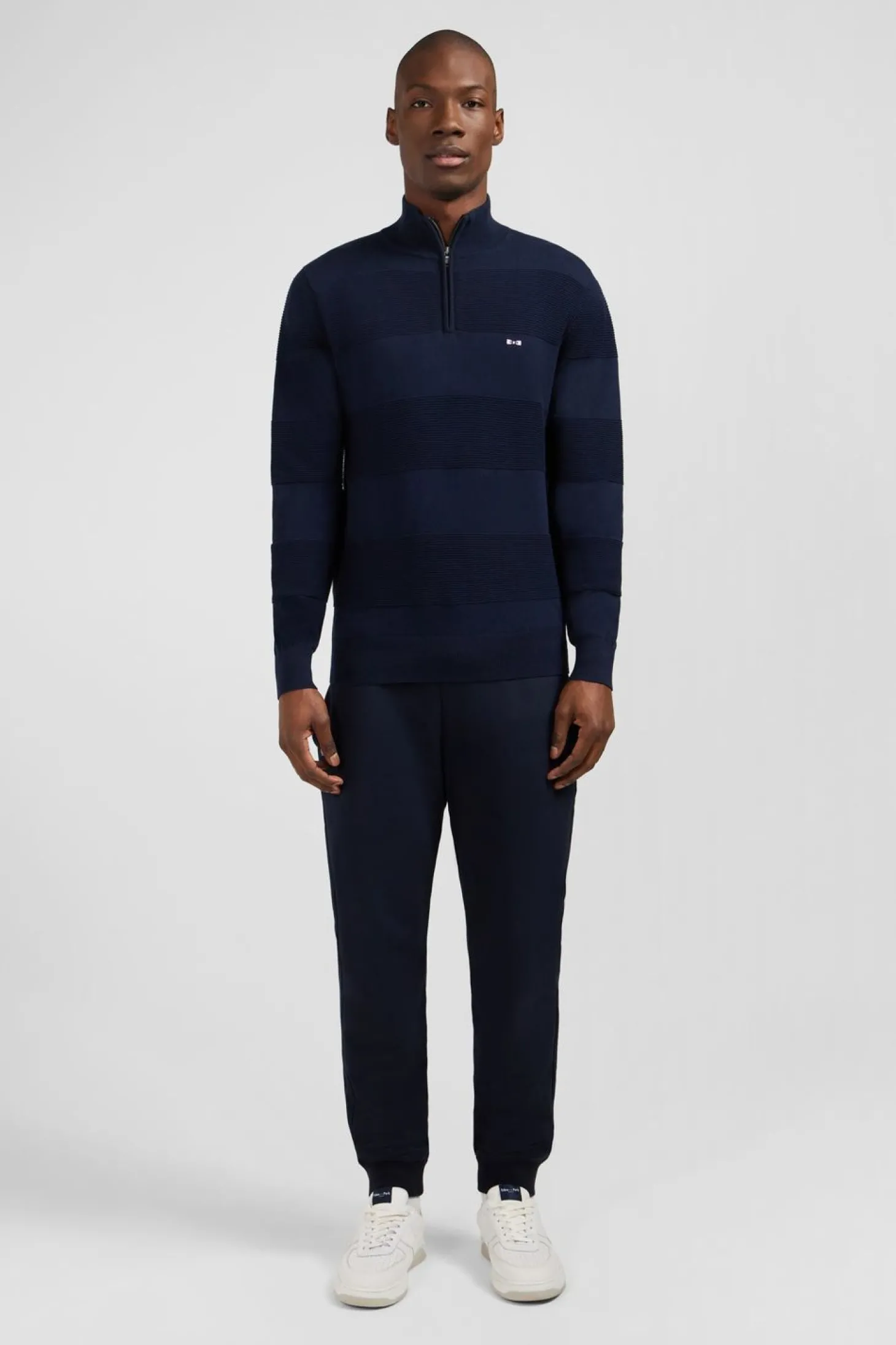 Pull Col Camionneur Zippe Marine A Jeux De Maille En Coton
