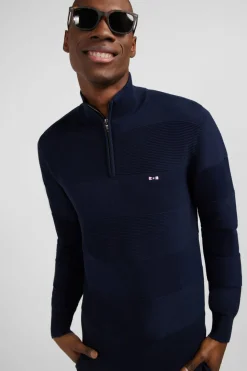 Pull Col Camionneur Zippe Marine A Jeux De Maille En Coton