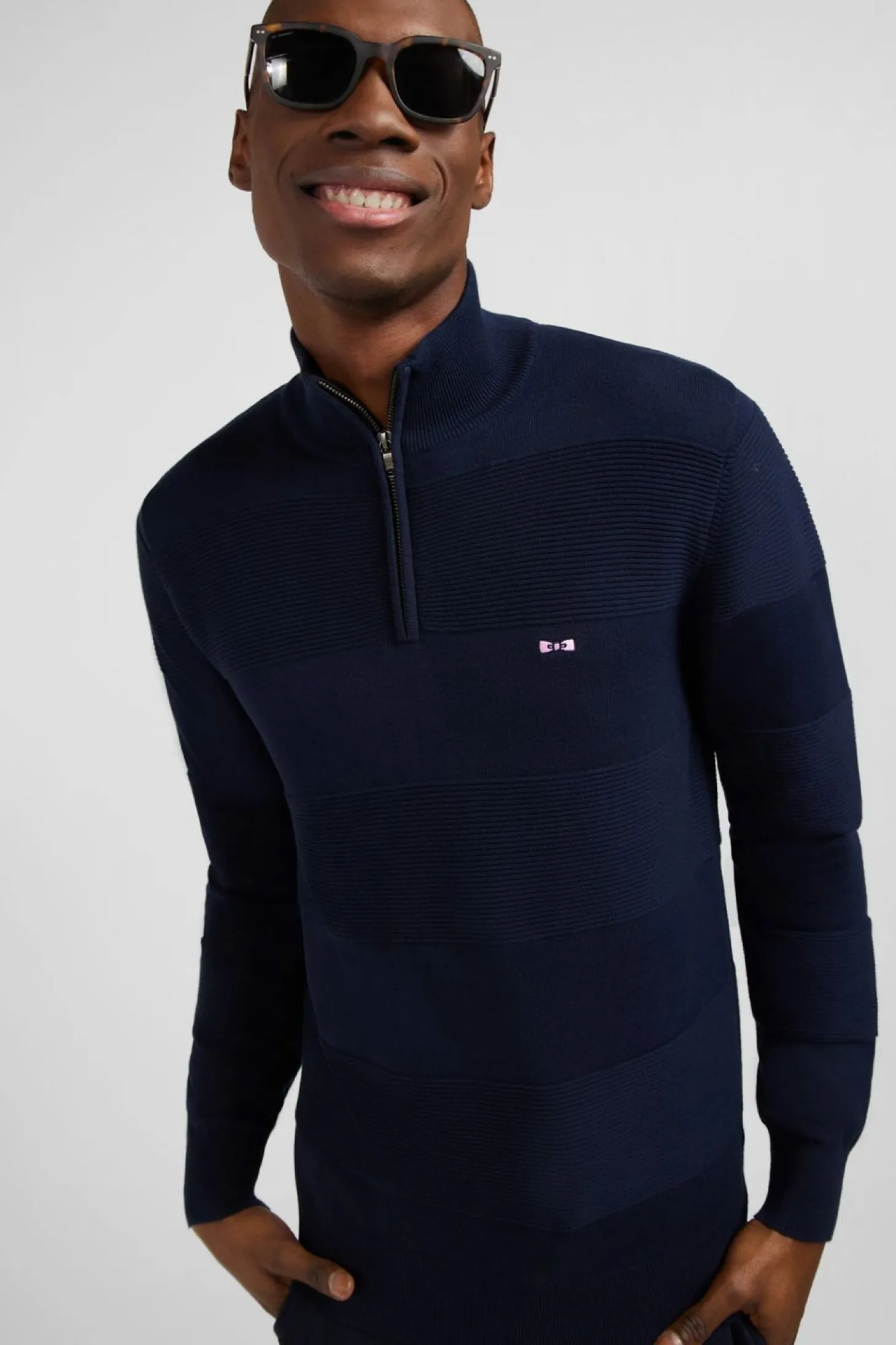 Pull Col Camionneur Zippe Marine A Jeux De Maille En Coton