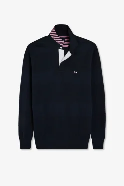 Pull Col Maillot Marine A Jeux De Maille En Coton