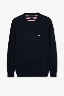 Pull Col Rond Marine A Jeux De Maille En Coton