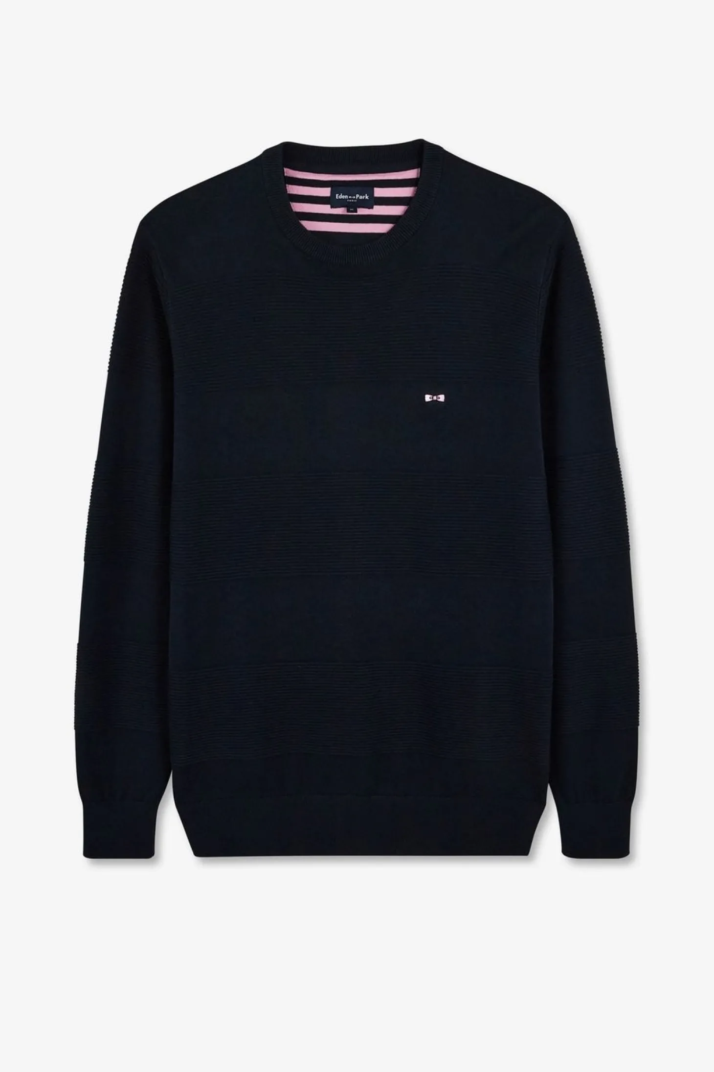 Pull Col Rond Marine A Jeux De Maille En Coton