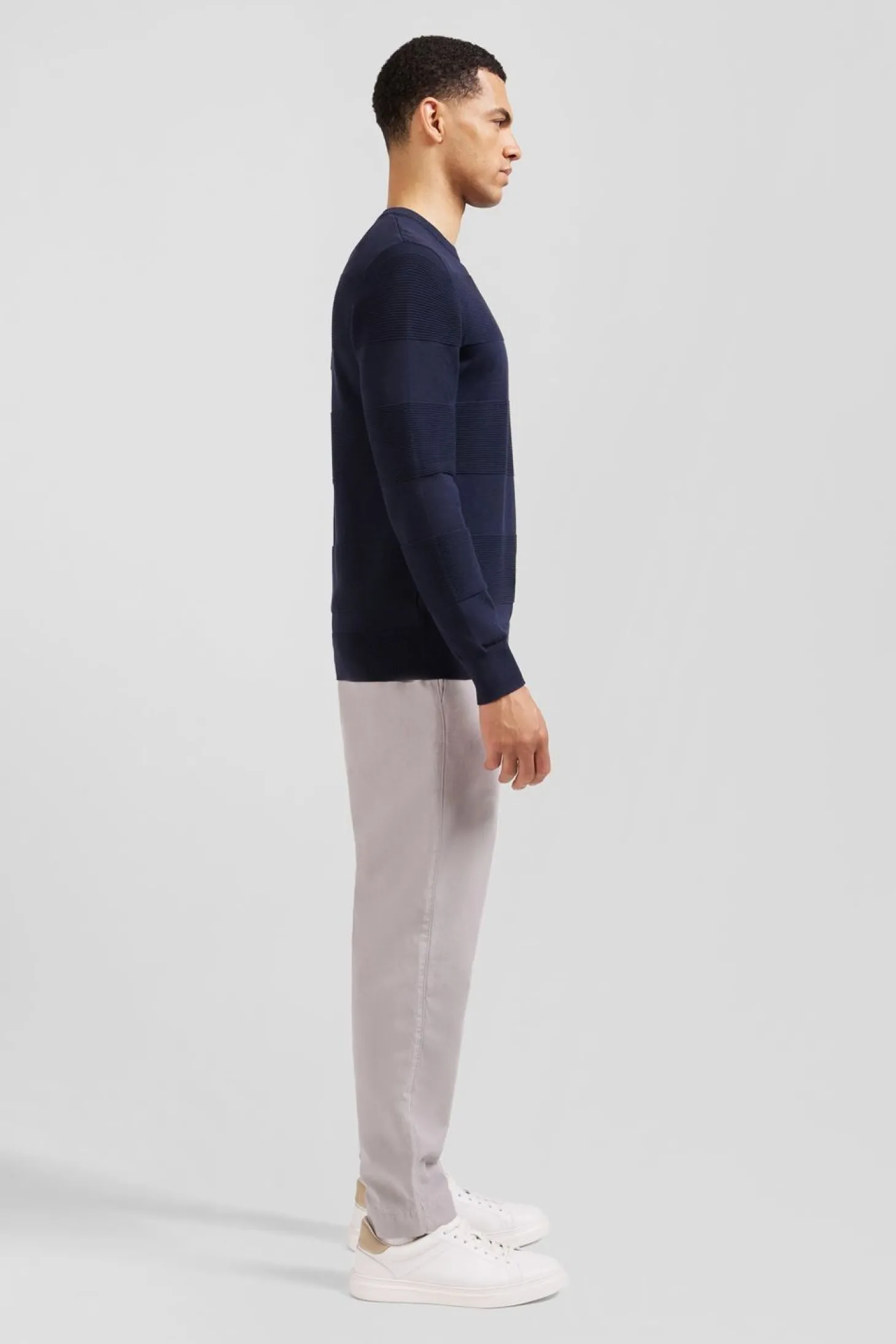Pull Col Rond Marine A Jeux De Maille En Coton