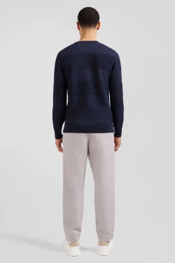 Pull Col Rond Marine A Jeux De Maille En Coton