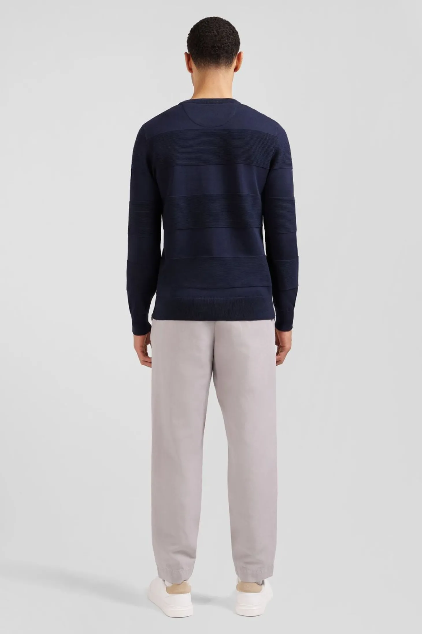 Pull Col Rond Marine A Jeux De Maille En Coton