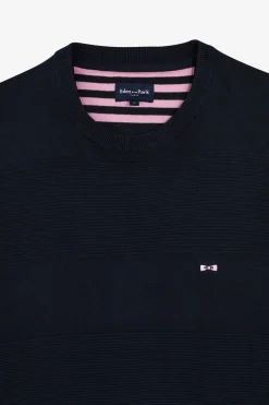 Pull Col Rond Marine A Jeux De Maille En Coton