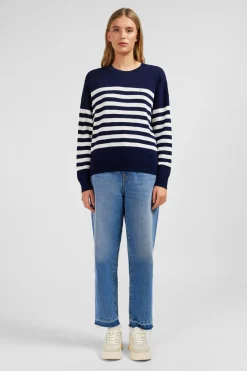 Pull Mariniere Marine Et Blanc En Lin Et Coton