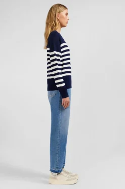 Pull Mariniere Marine Et Blanc En Lin Et Coton