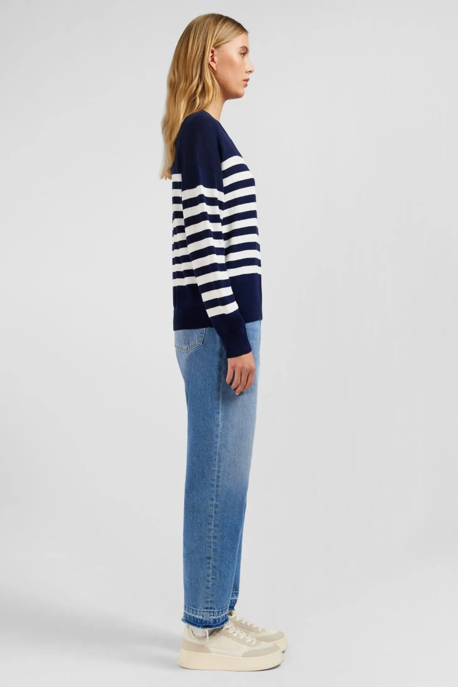 Pull Mariniere Marine Et Blanc En Lin Et Coton