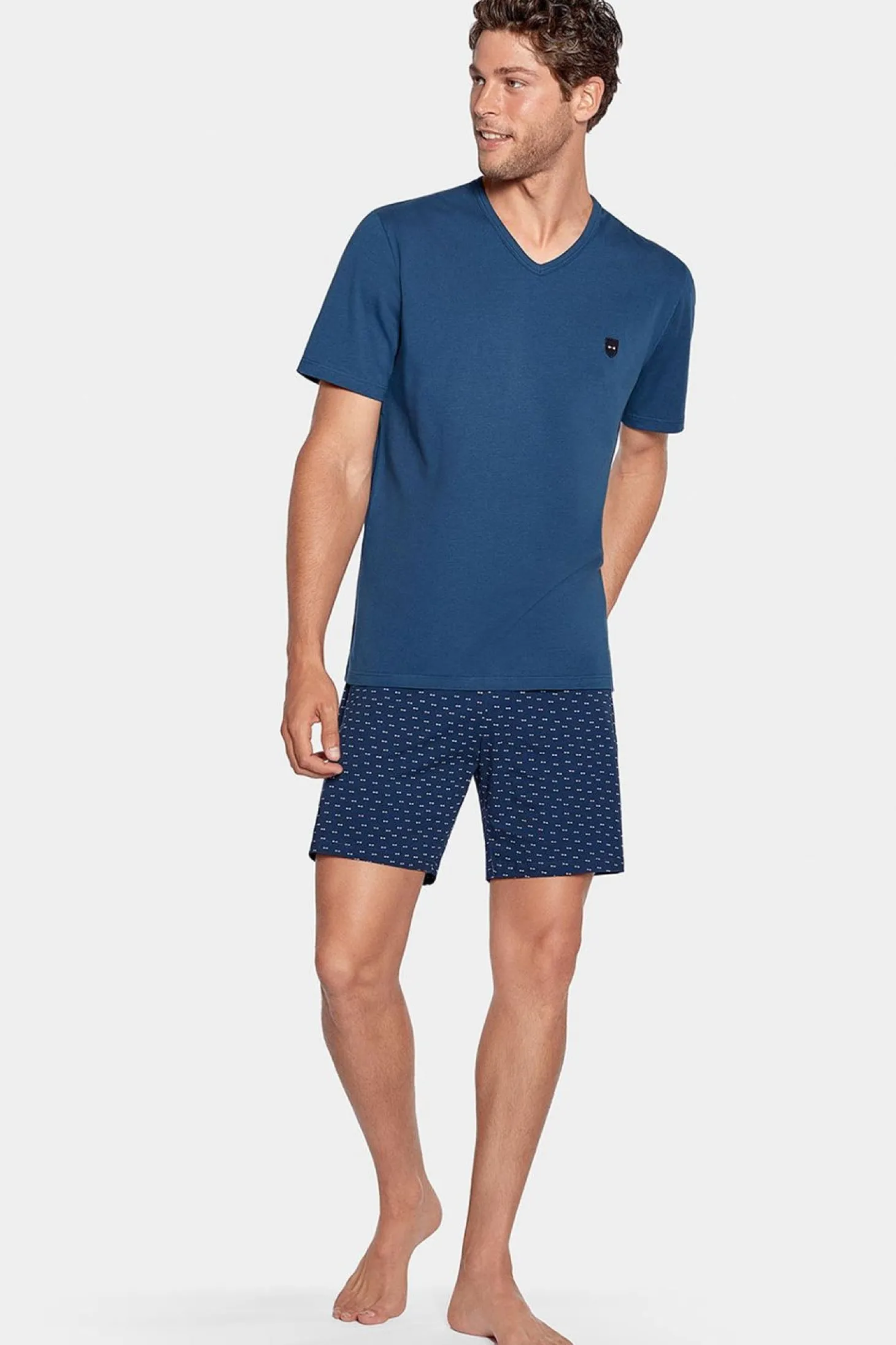 Pyjama Court Bleu A Short Micro Motifs En Jersey Coton