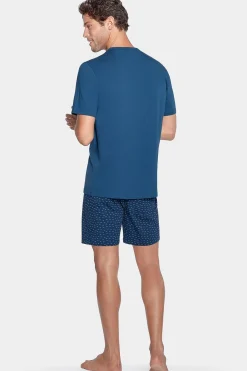 Pyjama Court Bleu A Short Micro Motifs En Jersey Coton