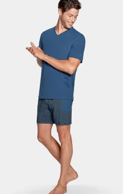 Pyjama Court Bleu Short A Micro Motifs En Jersey Coton