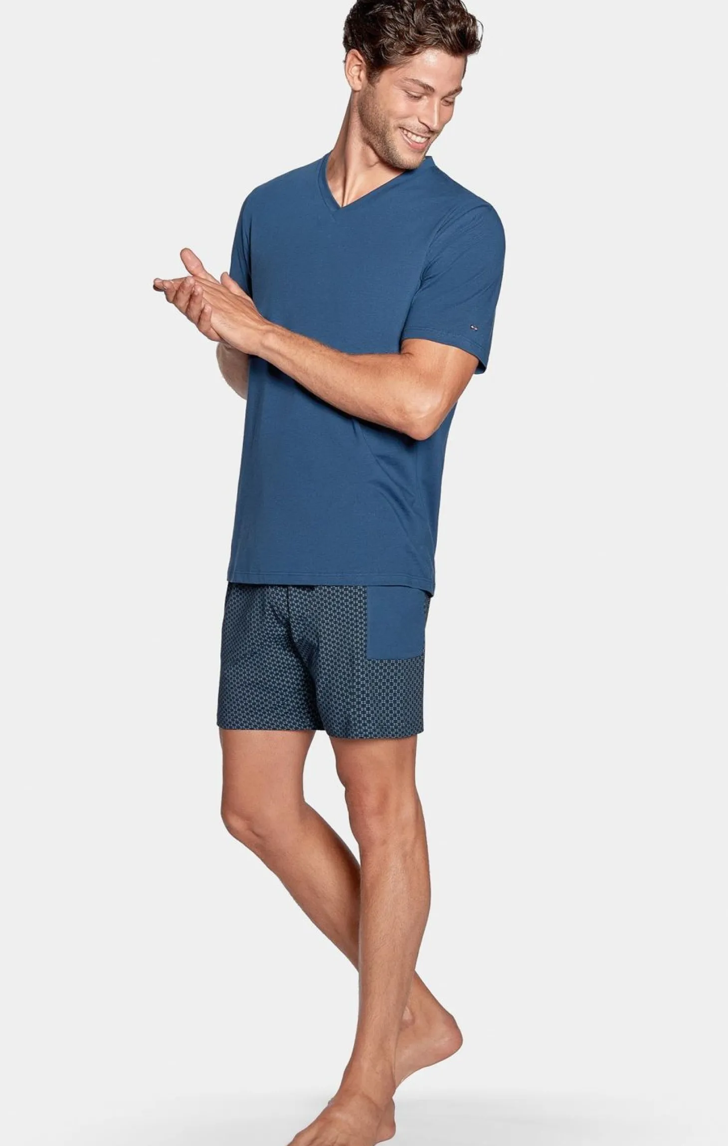 Pyjama Court Bleu Short A Micro Motifs En Jersey Coton