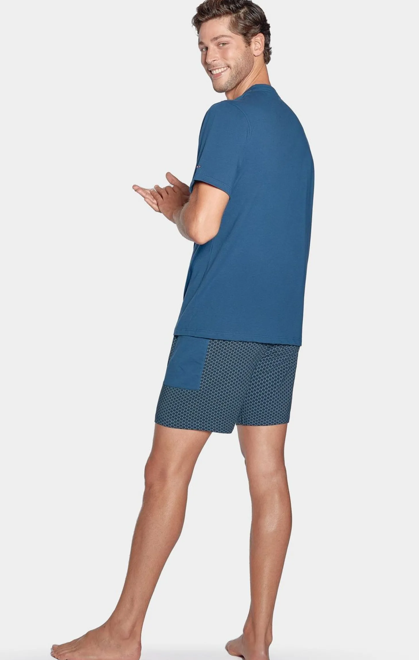 Pyjama Court Bleu Short A Micro Motifs En Jersey Coton