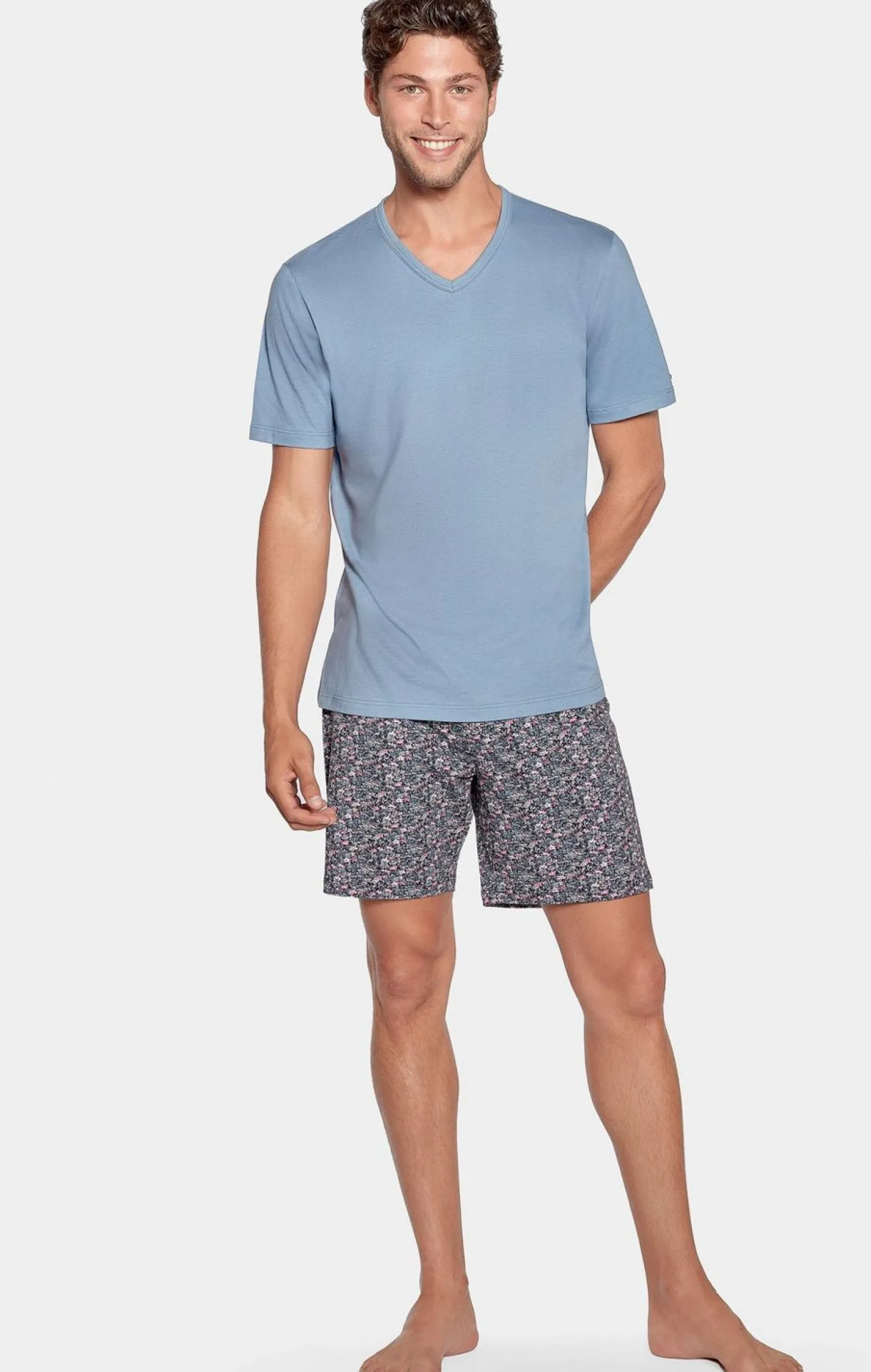 Pyjama Court Ciel A Micro Motifs Fleurs En Jersey Coton