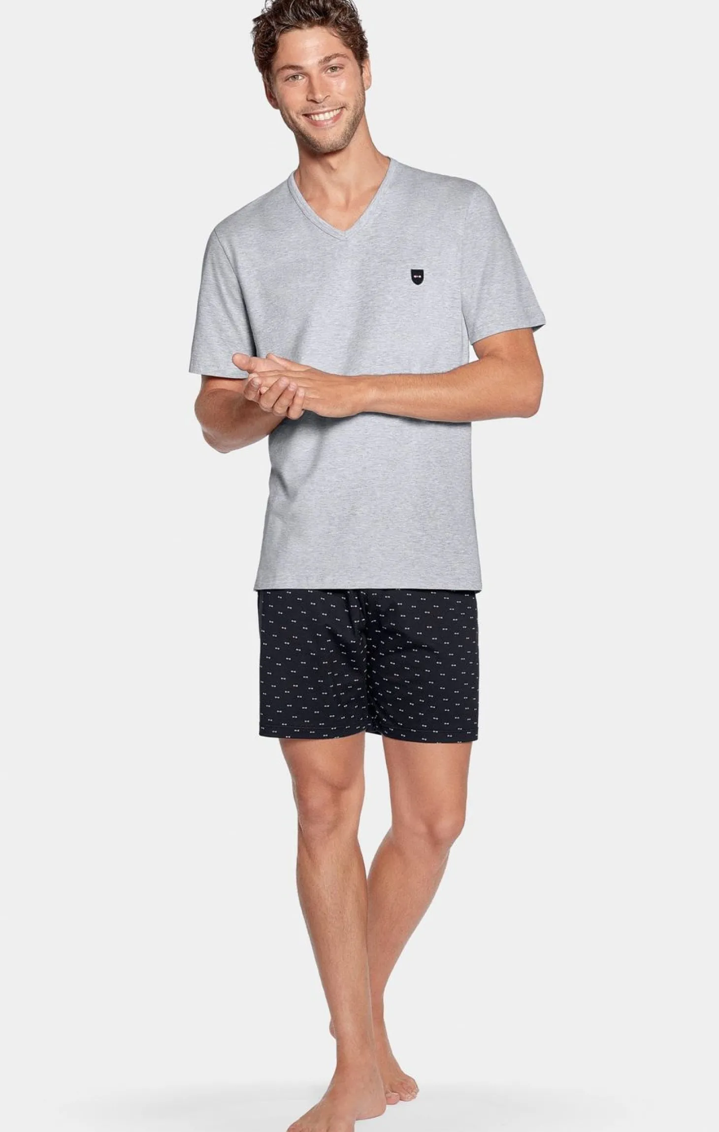 Pyjama Court Gris A Short Micro Motifs En Jersey Coton