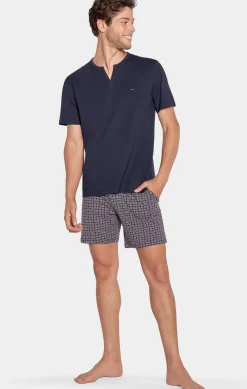 Pyjama Court Marine A Micro Motifs Initiales En Jersey Coton