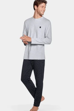Pyjama Long Gris A Micro Motifs En Jersey Coton