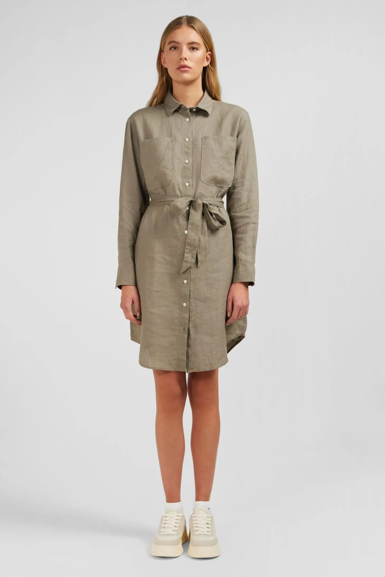 Robe Chemise En Lin Kaki