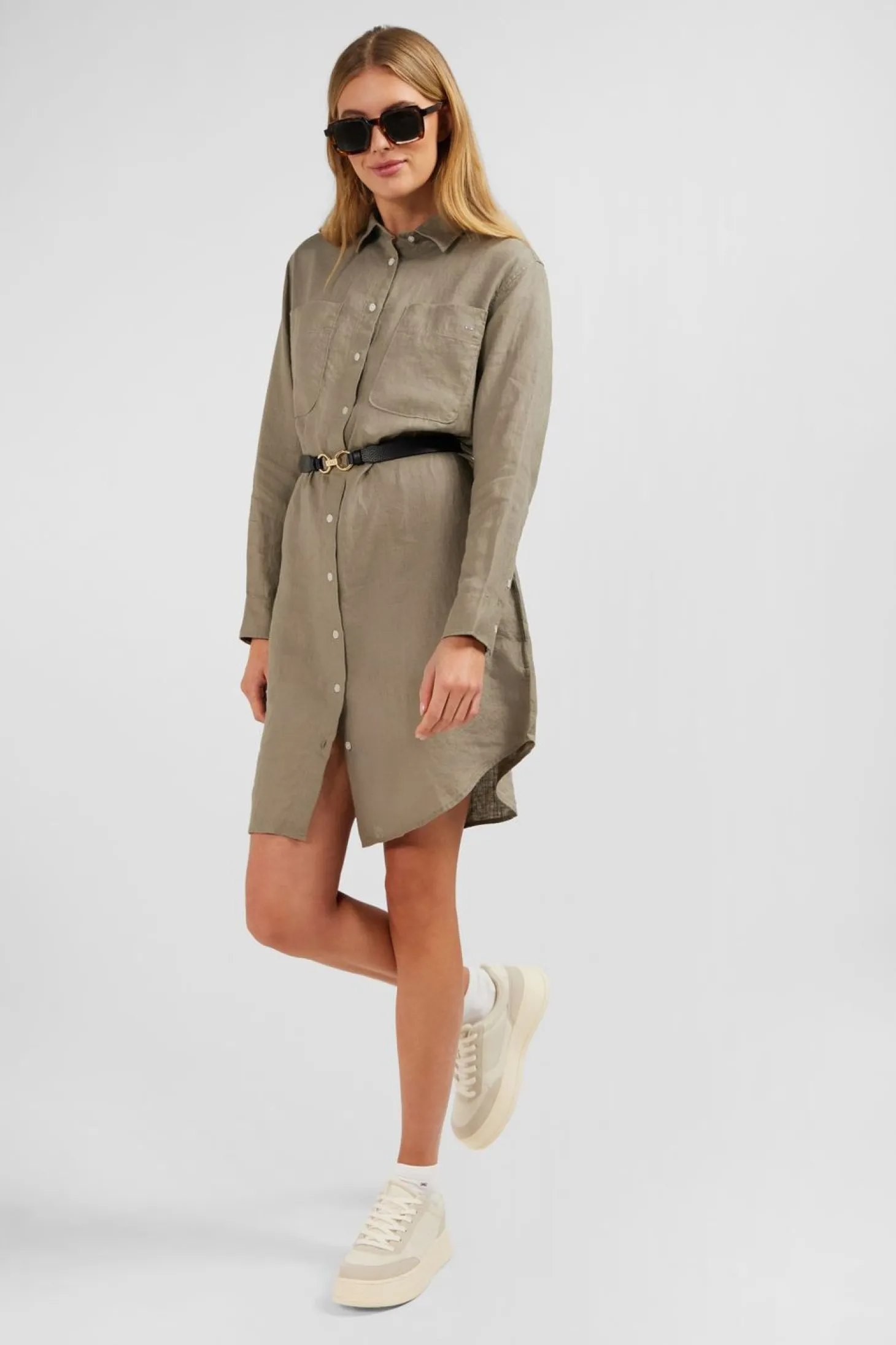 Robe Chemise En Lin Kaki
