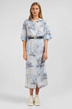 Robe Chemise En Lyocell Bleu Imprime Palmiers