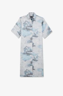 Robe Chemise En Lyocell Bleu Imprime Palmiers