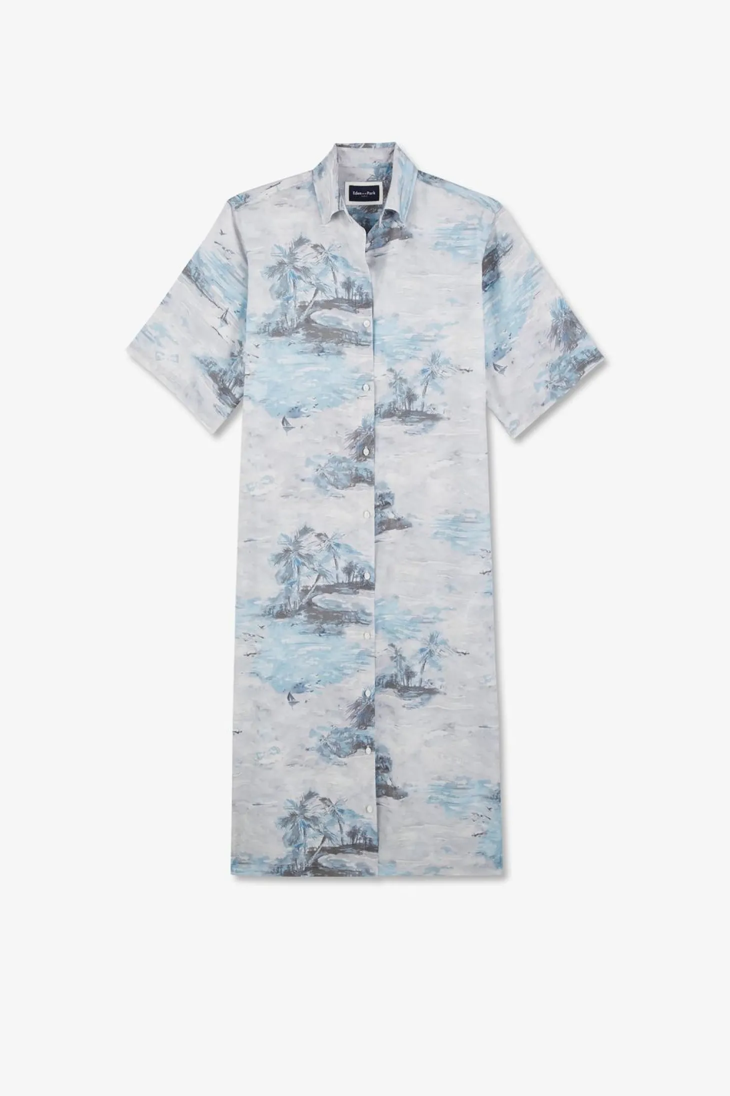 Robe Chemise En Lyocell Bleu Imprime Palmiers