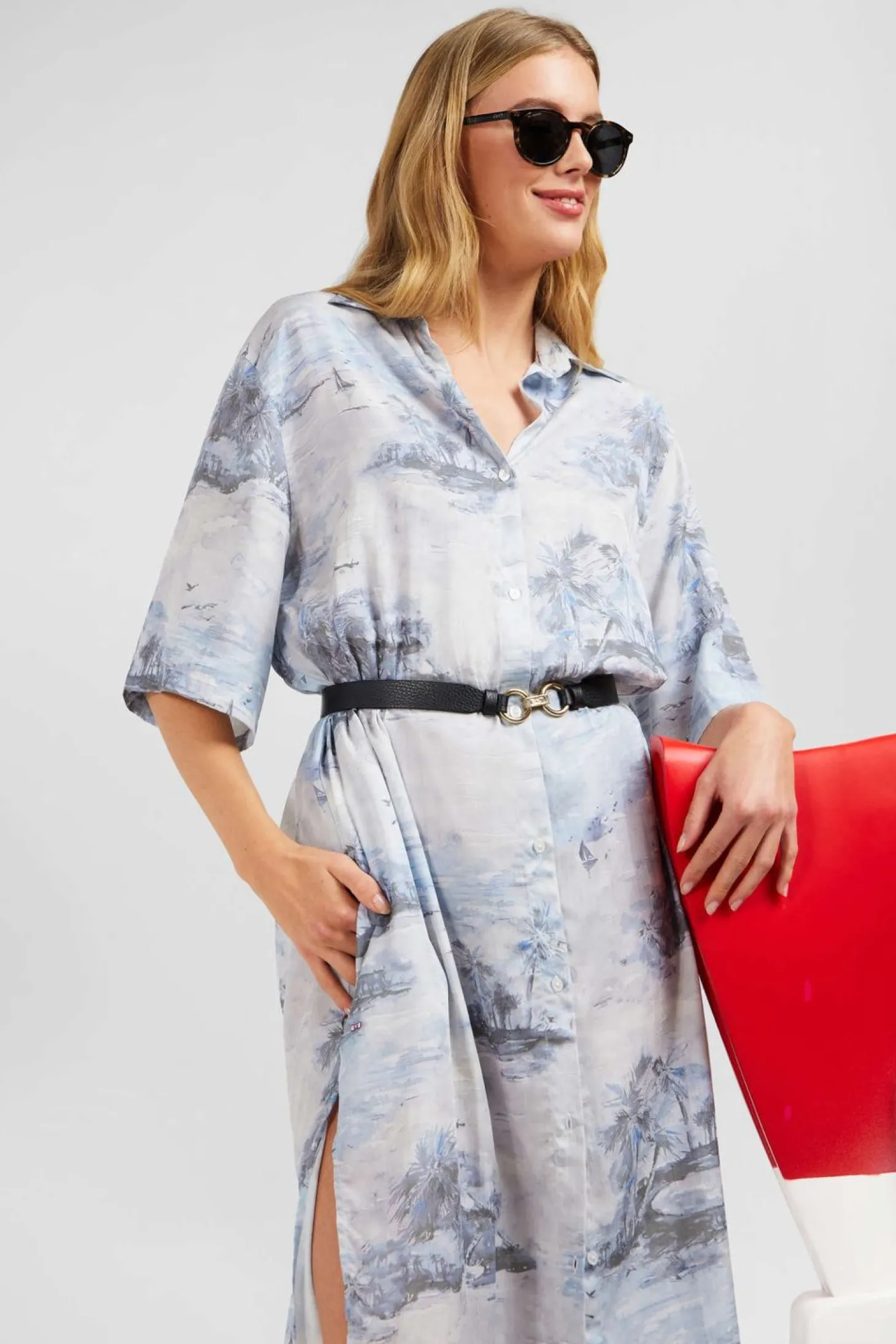 Robe Chemise En Lyocell Bleu Imprime Palmiers