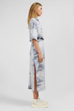 Robe Chemise En Lyocell Bleu Imprime Palmiers