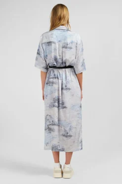 Robe Chemise En Lyocell Bleu Imprime Palmiers