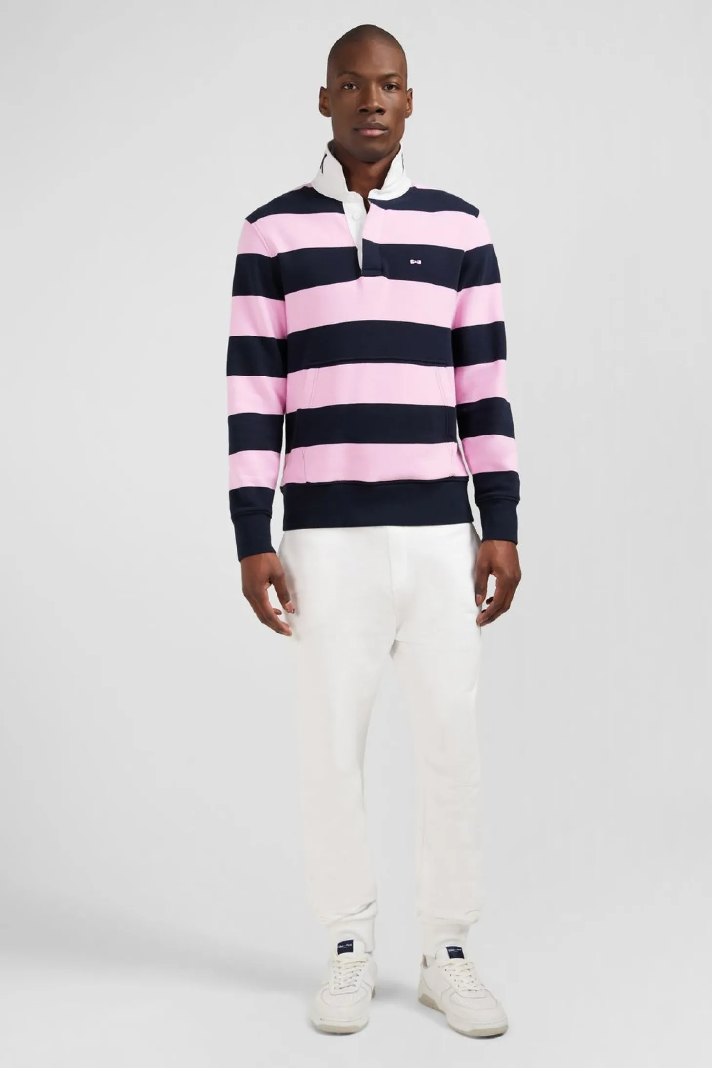 Sweat Bleu Fonce A Rayures Et Col Polo