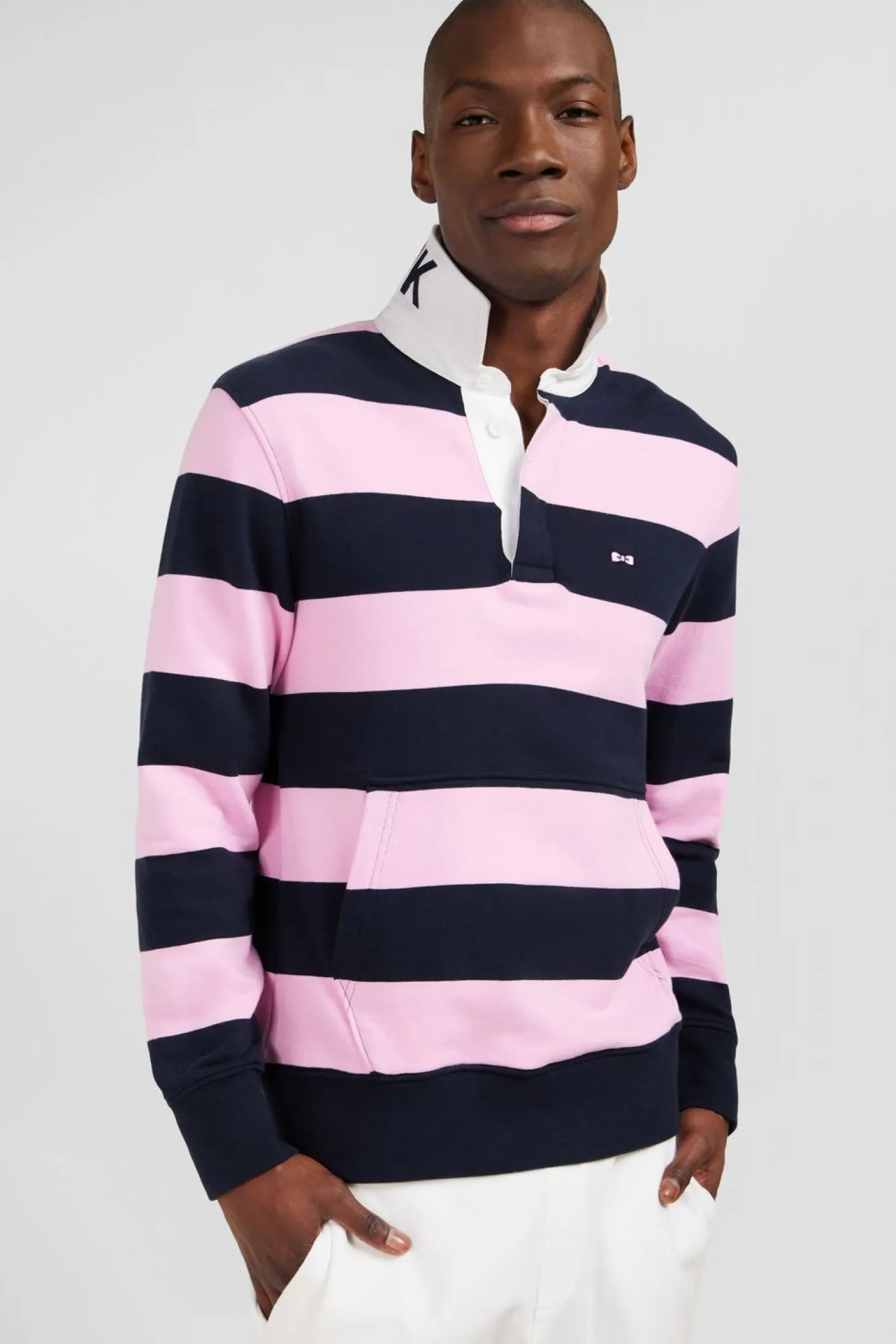 Sweat Bleu Fonce A Rayures Et Col Polo