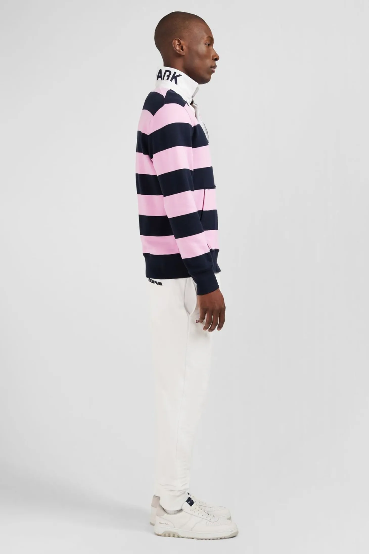 Sweat Bleu Fonce A Rayures Et Col Polo