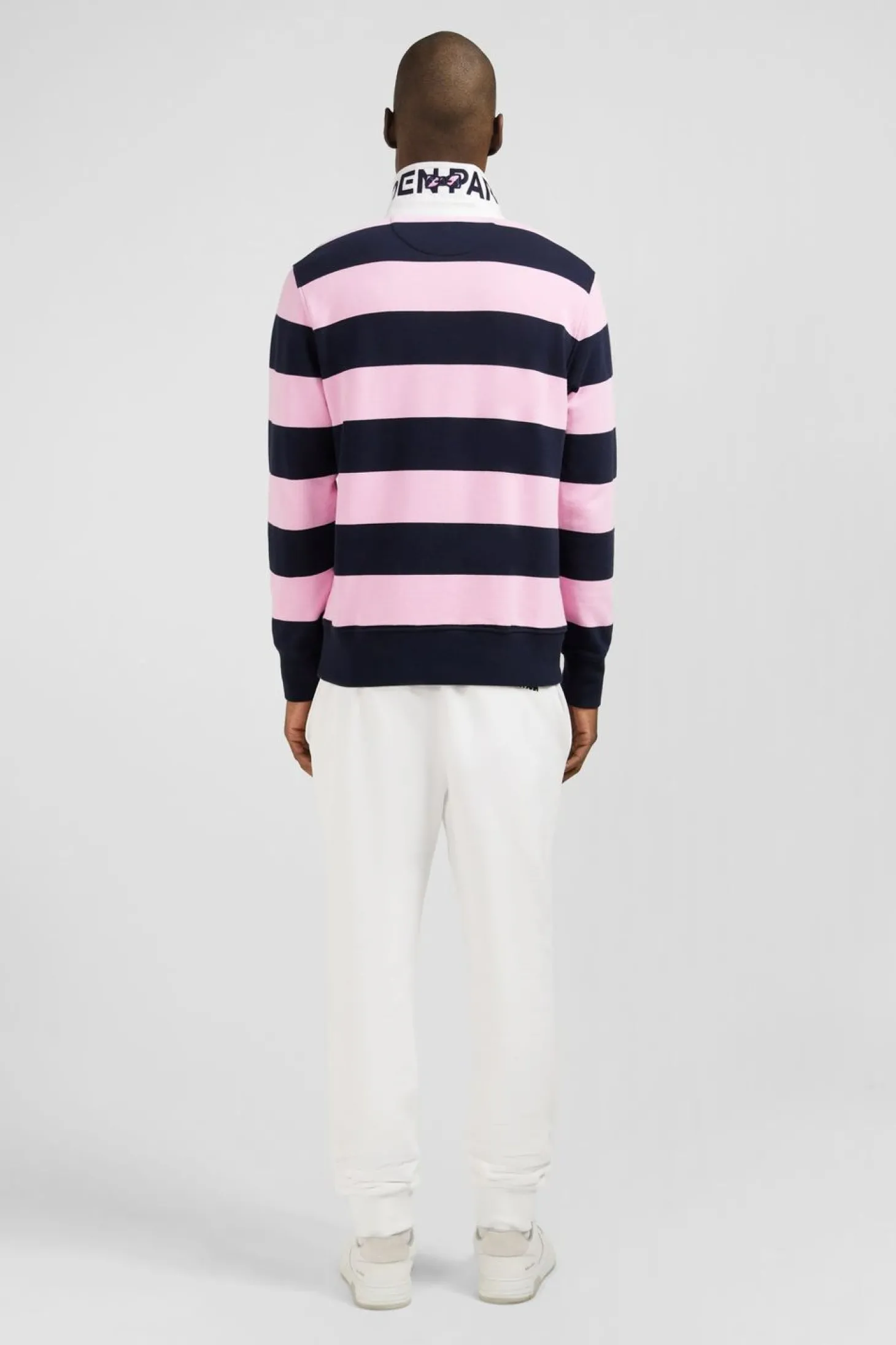 Sweat Bleu Fonce A Rayures Et Col Polo