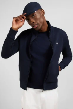 Sweat Bleu Fonce Zippe A Col Montant