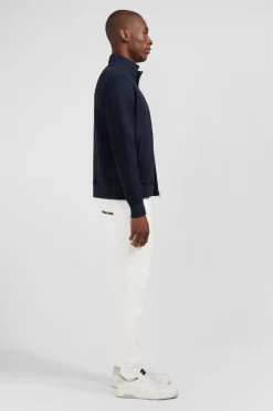 Sweat Bleu Fonce Zippe A Col Montant
