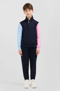 Sweatshirt Col Polo Marine Manches Bicolores En Coton