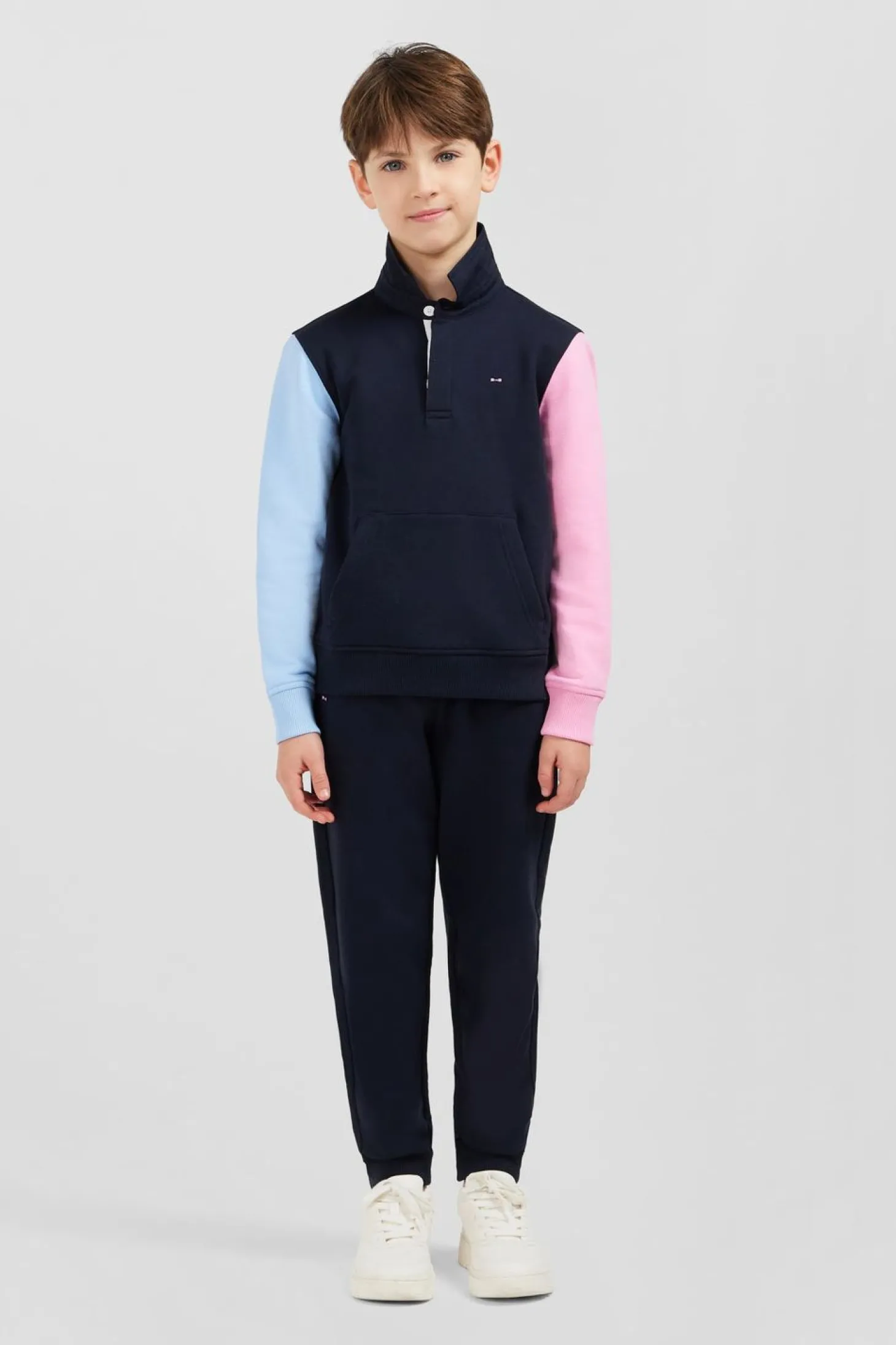 Sweatshirt Col Polo Marine Manches Bicolores En Coton