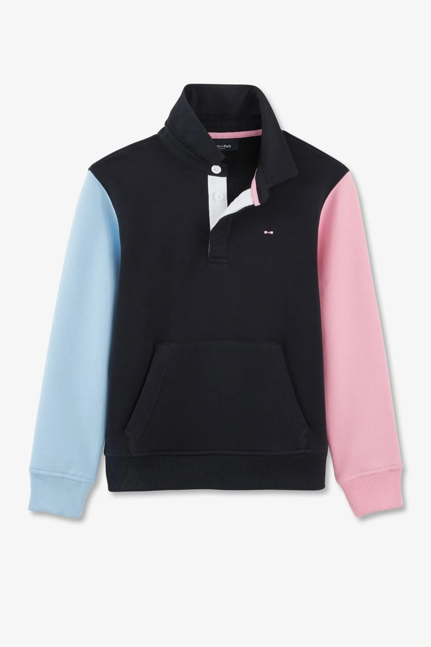 Sweatshirt Col Polo Marine Manches Bicolores En Coton